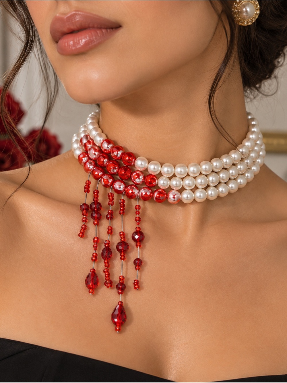 White Pearl Choker with Red Bead Tassels